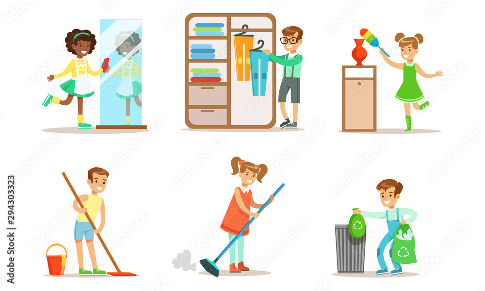 Cute Children Doing Housework Set, Boys and Girls Mopping and Sweeping Floor, Folding Clothes, Wiping Dust, Kids Helping Parents with Housekeeping Vector Illustration Cute Children Doing Housework Set, Boys and Girls Mopping and Sweeping Floor, Folding Clothes, Wiping Dust, Kids Helping Parents with Housekeeping Vector Illustration