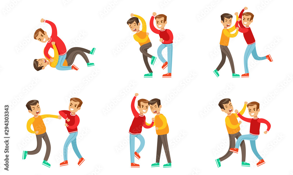 Teenage Boys Fighting and Quarreling Set, Aggressive Behavior at School, Aggressive Boy Pushing and Kicking Another Vector Illustration