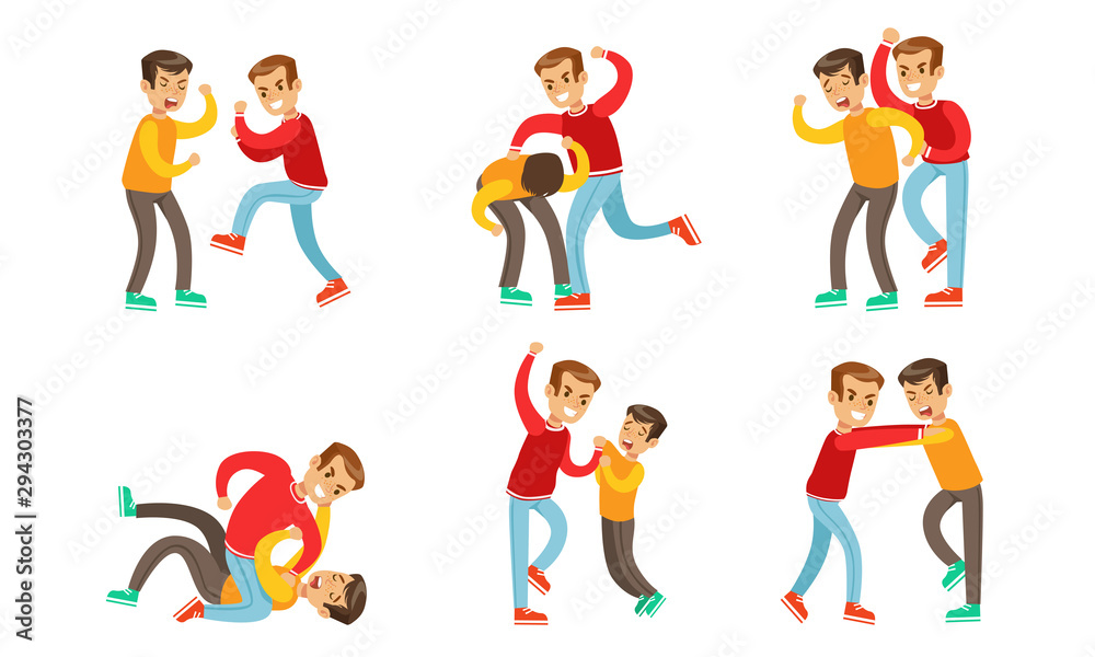 Teenage Boys Fighting and Quarreling Set, Aggressive Behavior at School, Angry Boy Bullying Weaker Classmate, Conflict Between Teenagers Vector Illustration