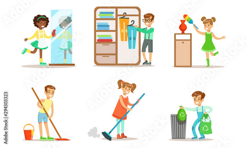 Canvas Print Cute Children Doing Housework Set, Boys and Girls Mopping and Sweeping Floor, Fo