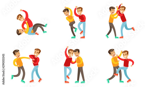 Teenage Boys Fighting and Quarreling Set, Aggressive Behavior at School, Aggressive Boy Pushing and Kicking Another Vector Illustration