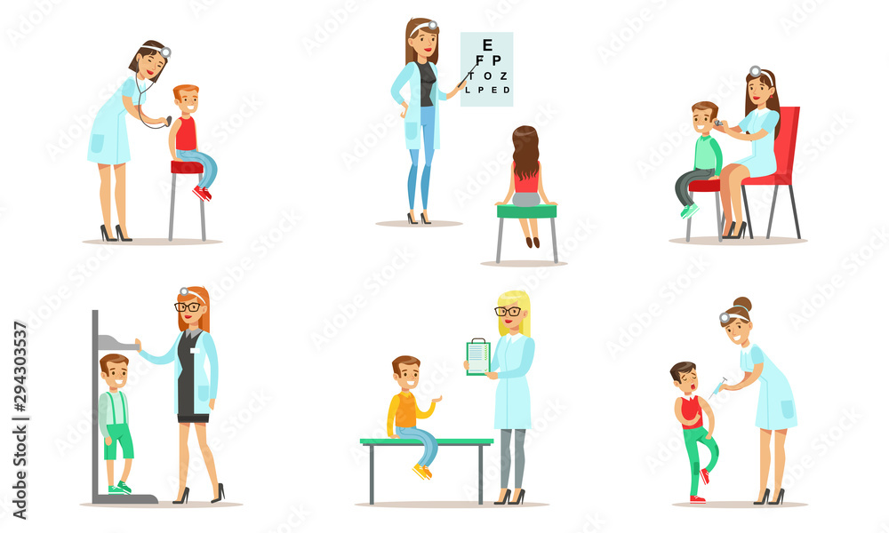 Doctor Doing Medical Examination and Vaccination of Kids Set, Boys and Girls Examining at Pediatrician, Ophthalmologist, Otolaryngologist Vector Illustration