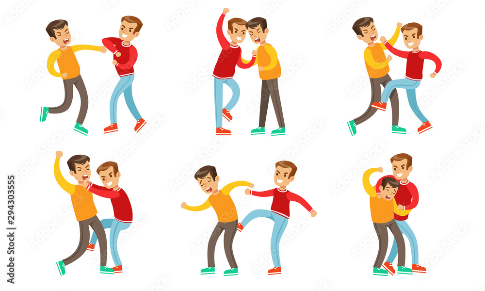 Teenage Boys Fighting and Quarreling Set, Aggressive Behavior at School, Aggressive Children Pushing and Kicking Each Other Vector Illustration