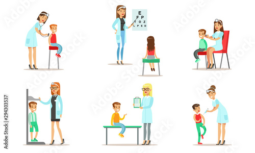 Doctor Doing Medical Examination and Vaccination of Kids Set  Boys and Girls Examining at Pediatrician  Ophthalmologist  Otolaryngologist Vector Illustration