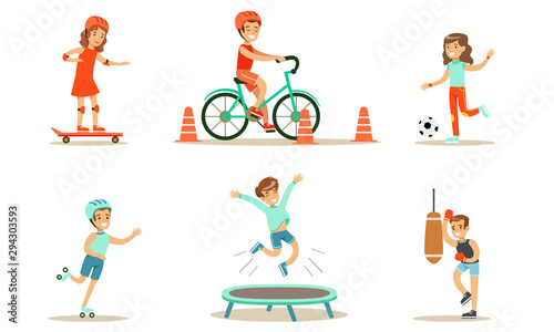 Children Doing Different Kind of Sports Set, Teen Boys and Girls Riding Bicycle, Playing Soccer, Rollerblading, Jumping On Trampoline, Boxing Vector Illustration