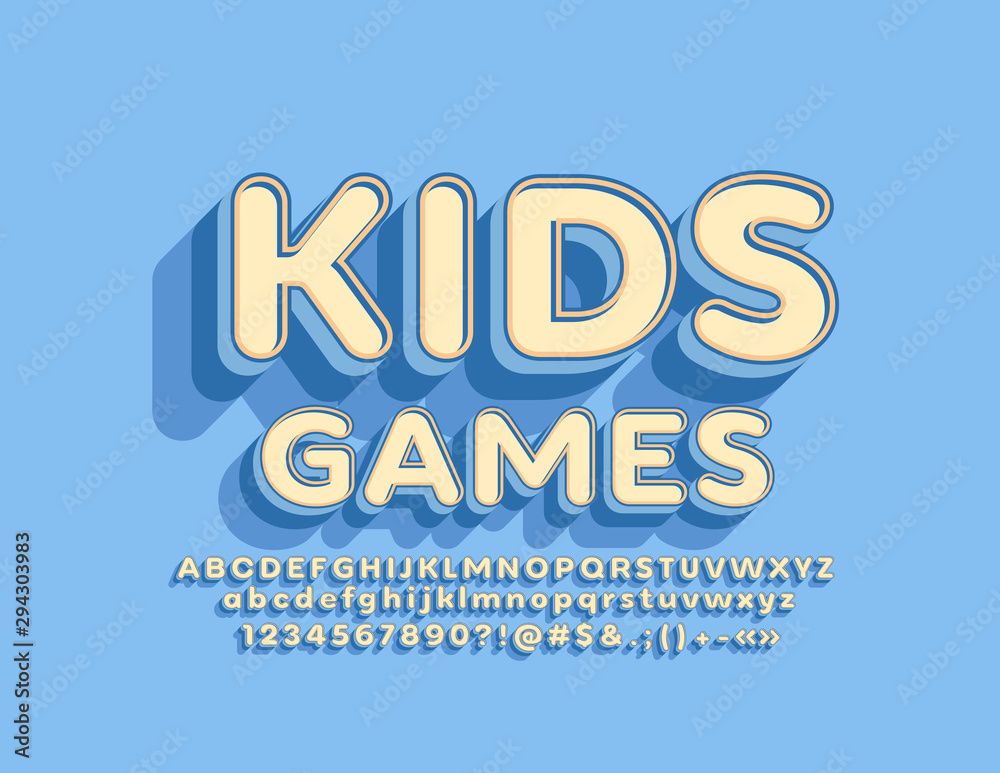 Vector cute emblem Kids Games with trendy Font. Blue and Yellow Alphabet Letters, Numbers and Symbols Vector cute emblem Kids Games with trendy Font. Blue and Yellow Alphabet Letters, Numbers and Symbols