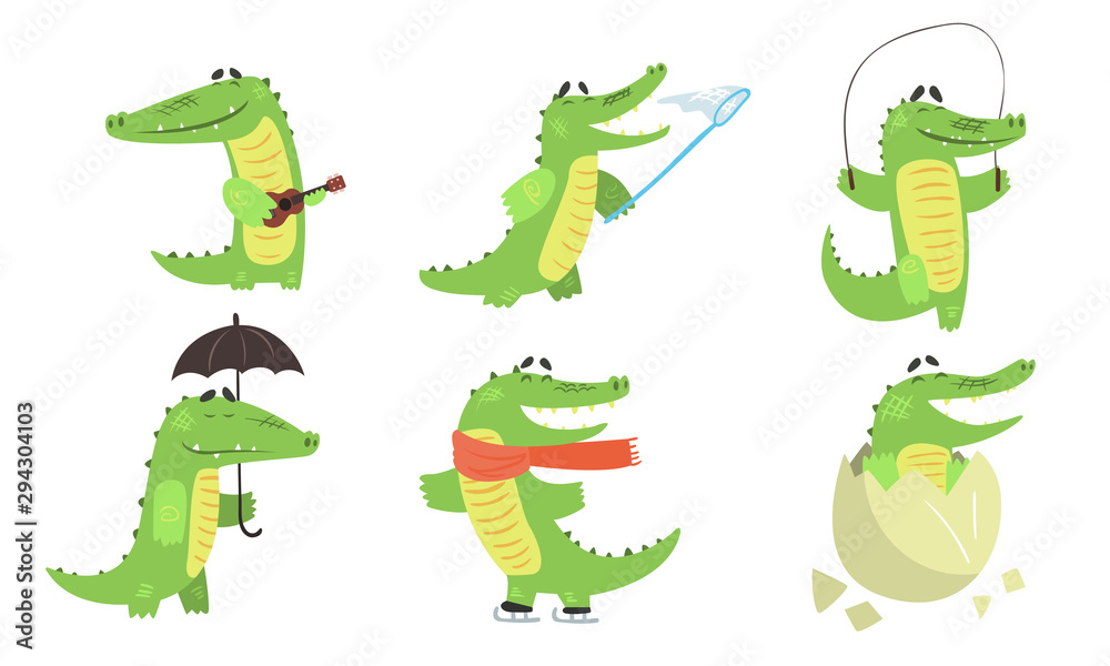 Fototapeta premium Cute Crocodile Cartoon Character Set, Funny Humanized Reptile Alligator Animal Different Activities Vector Illustration