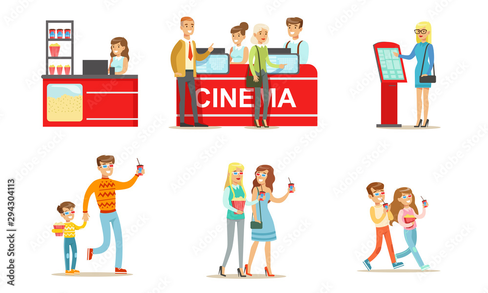 People Going to the Cinema or Movie Theatre Set, Men and Women Buying Tickets, Drinks and Popcorn Vector Illustration