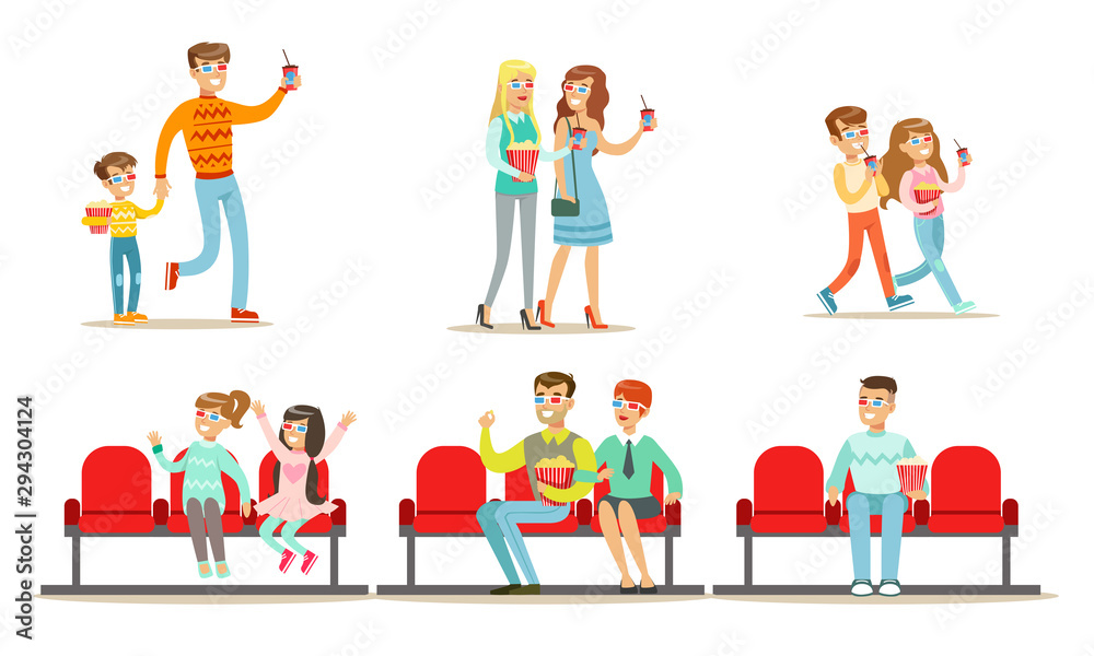 People in the Cinema Set, Men, Women and Kids Watching Movie in Cinema Theater in 3d Glasses Vector Illustration