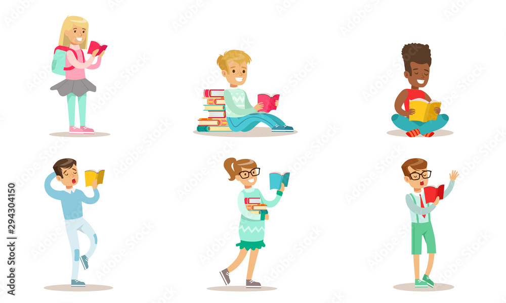 Children Reading Books Set, Cheerful Boys and Girls Enjoying Literature Vector Illustration