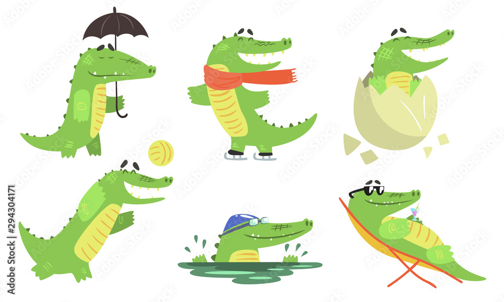 Fototapeta premium Cute Crocodile Cartoon Character Set, Funny Humanized Reptile Animal Different Activities Vector Illustration