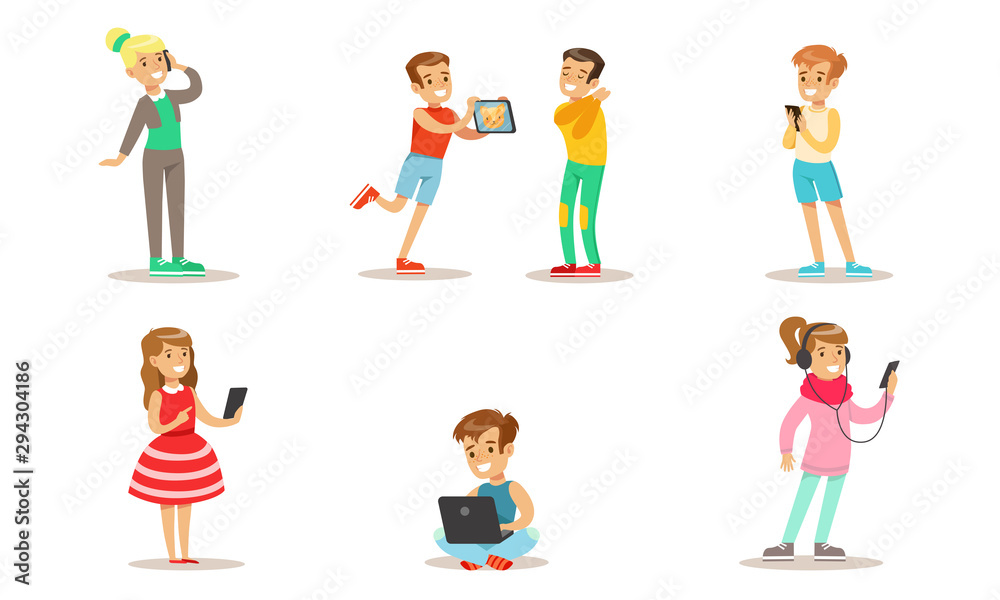 Children with Gadgets Set, Boys and Girls Using Smartphones, Pads, Laptop, Listening Music Vector Illustration
