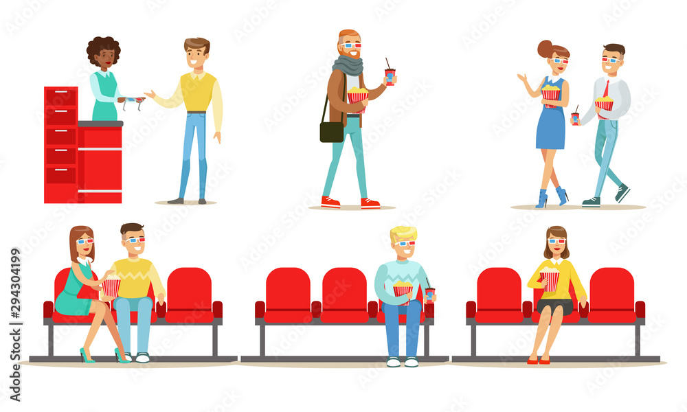 People in the Cinema Set, Young Men and Women Watching Movie in Cinema Theater in 3d Glasses Vector Illustration