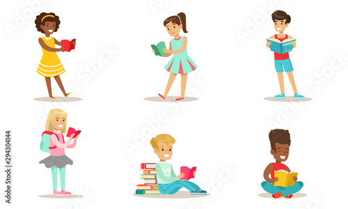Children Reading Books Set, Smiling Boys and Girls Enjoying Literature Vector Illustration
