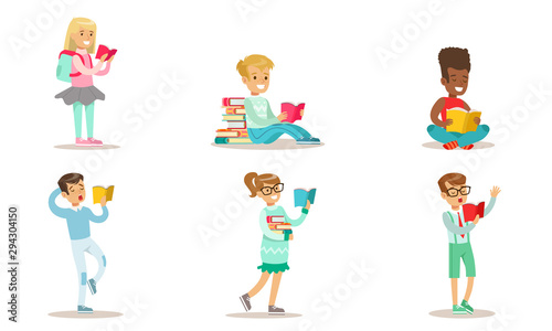 Children Reading Books Set  Cheerful Boys and Girls Enjoying Literature Vector Illustration