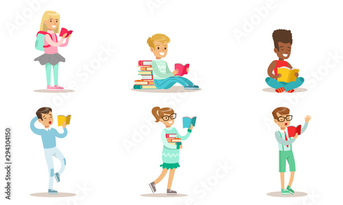 Children Reading Books Set, Cheerful Boys and Girls Enjoying Literature Vector Illustration