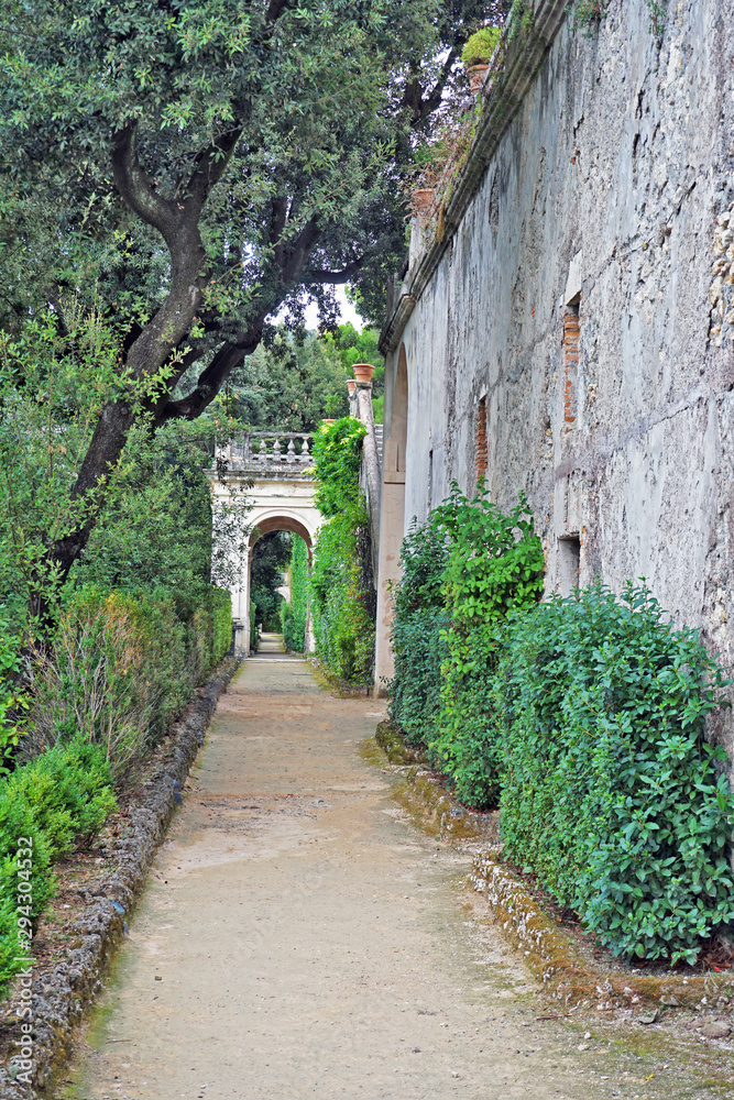 Fototapeta premium Straight walkway going to remote arch in the distance along a shabby wall of a medieval building in an old park