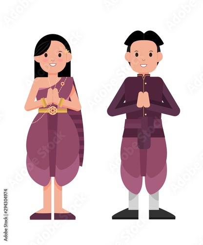 Standing man and women in thai vintage purple costume greeting with hand in Thai tradition call "Sawasdee". Isolated Vector.