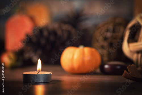 Halloween Decoration with Pumpkin Statue with Brick Wall Background