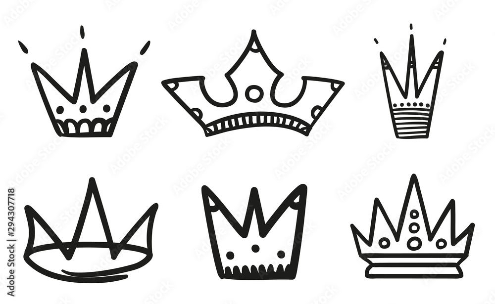 Monochrome crowns on isolated white. Hand drawn simple objects. Line art. Black and white illustration Monochrome crowns on isolated white. Hand drawn simple objects. Line art. Black and white illustration
