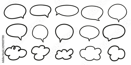 Hand drawn infographic elements on isolation background. Abstract clouds. Set of think and talk speech bubbles. Doodles on white. Black and white illustration
