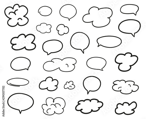 Hand drawn infographic elements on isolation white background. Abstract clouds. Set of think and talk speech bubbles. Black and white illustration