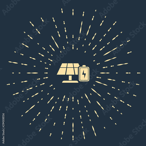 Beige Solar energy panel and battery icon isolated on dark blue background. Abstract circle random dots. Vector Illustration