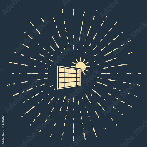 Beige Solar energy panel and sun icon isolated on dark blue background. Abstract circle random dots. Vector Illustration