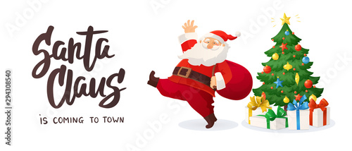 Merry Christmas card. Cartoon vector illustration of Santa Claus with a bag. Decorated Christmas tree with presents.