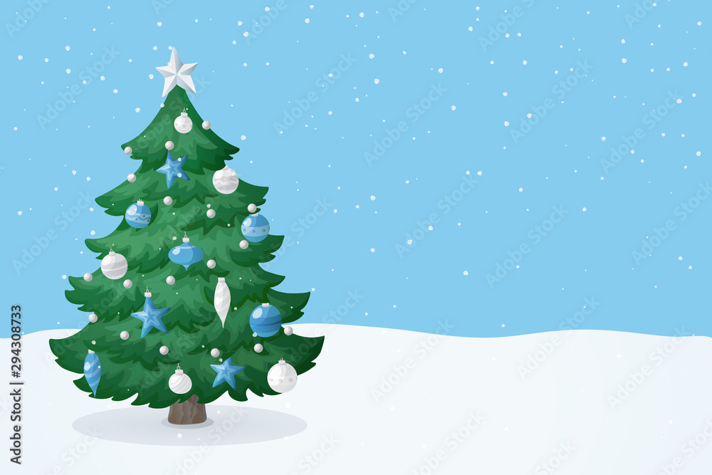 Christmas holiday background. Cartoon Christmas tree in a snow. Winter landscape with snowfall.