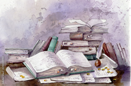 Ancient books and scrolls. Old books and folios, watercolor illustration on paper. Old folios and papers. Manuscripts and scrolls. Watercolor in cold colors.
