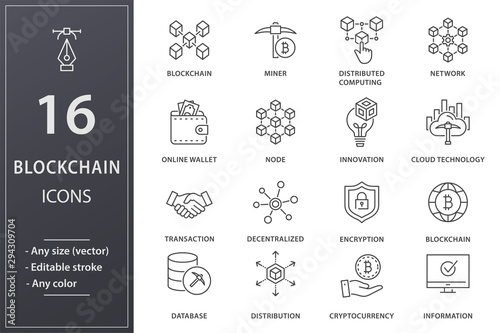 Blockchain line icons set. Black vector illustration. Editable stroke.