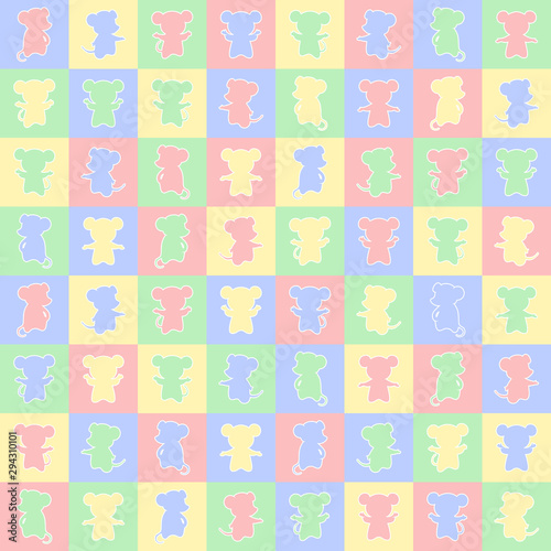 mouses on squares. vector seamless pattern with animals. simple pink yellow blue green illustration. repetitive baby background. textile paint. fabric swatch. wrapping paper. continuous print