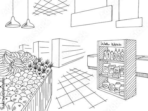 Grocery interior store shop black white graphic sketch illustration vector