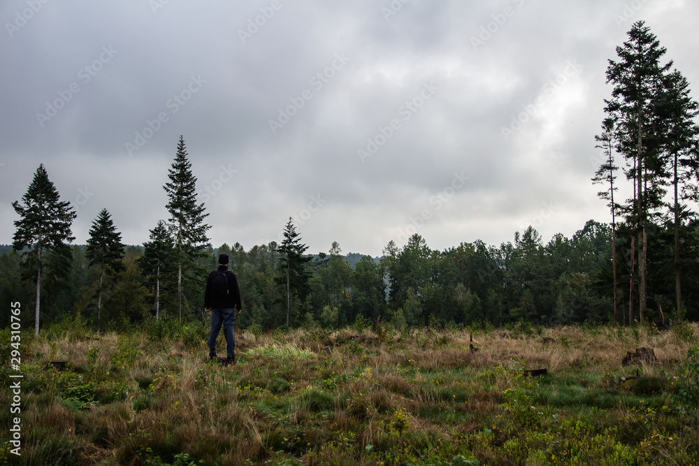 Pensive young man standing in czech forest with dark mood dramatic sky