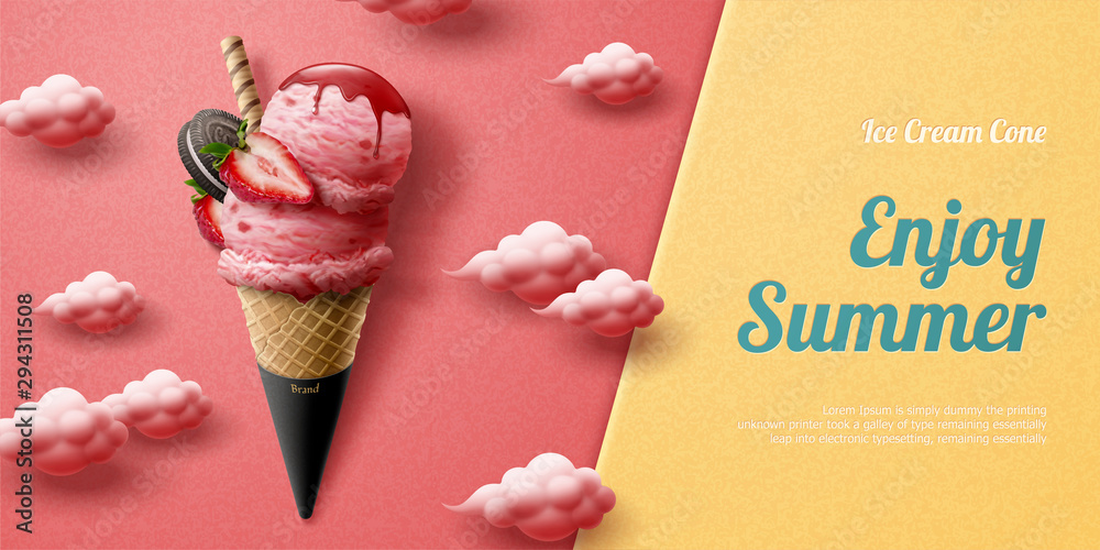 Strawberry ice cream cone ads - obrazy, fototapety, plakaty 