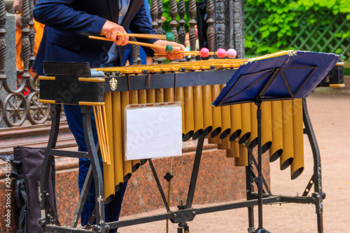 Street musician playing a xylophone in city park photo