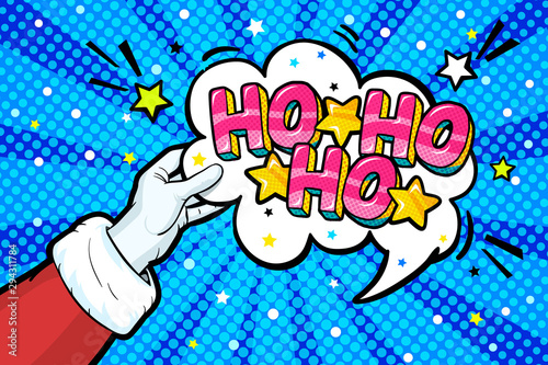 Santa Claus like in pop art style. Sign like in red mitten. Ho Ho Ho message in bubble on white background. photo