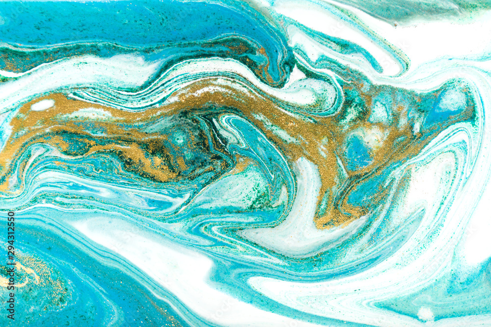 Green and gold ripple of agate background. Golden powder marble texture