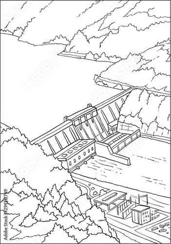 Cartoon Hydroelectric Station River on a Landscape .