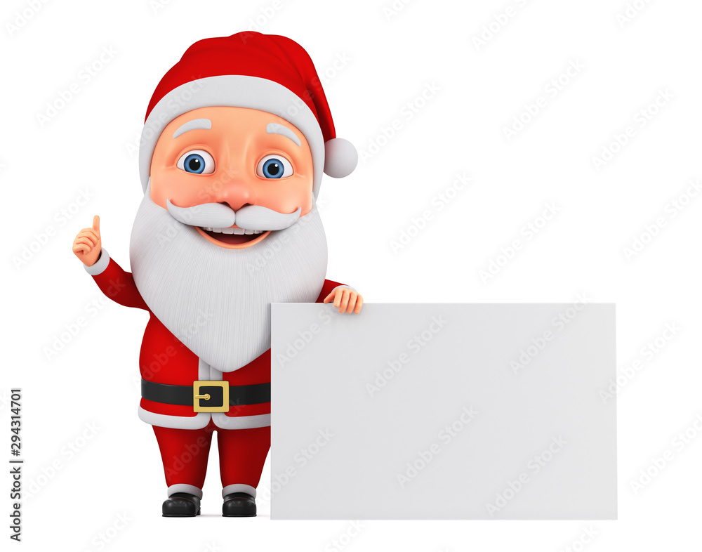 Cartoon character cheerful Santa Claus shows a raised thumb up leaning against a blank billboard. 3d rader illustration for the new year. Cartoon character cheerful Santa Claus shows a raised thumb up leaning against a blank billboard. 3d rader illustration for the new year.