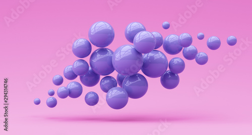 Many flying spheres on a pink background. 3d render illustration.