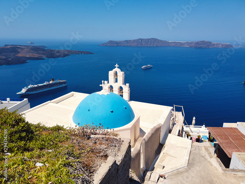 Blue Dome of St Gerasimos church in Santorini Greece