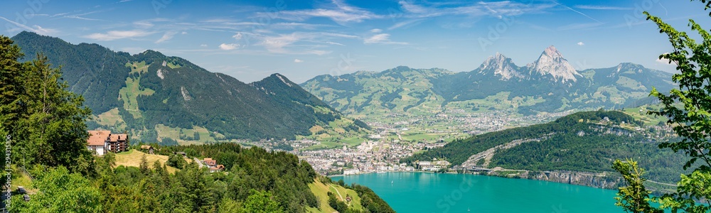 Panoramic view on green Swiss Alps near lake Lucerne, Morchach and Mythens mountains