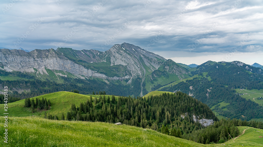 Panoramic view from Niederbauen on green Swiss Alps near lake Lucerne
