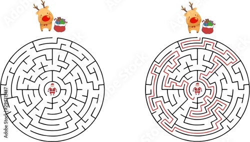 Christmas maze game for kids. Cartoon characters. Help deer find Santa Claus. Vector