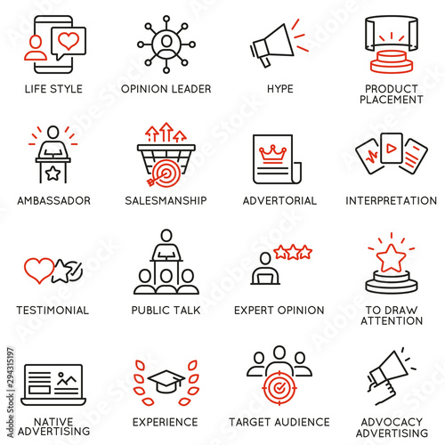 Vector set of linear icons related to business management process, advertising promotion and marketing. Mono line pictograms and infographics design elements - 11