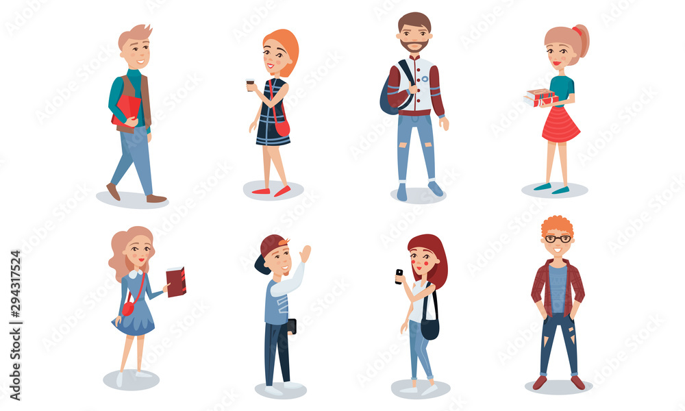 Set Of Vector Illustrations With Young Students Lifestyle And Habits