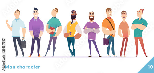 People character design collection. Males or manegers stand together. Young professional males poses.