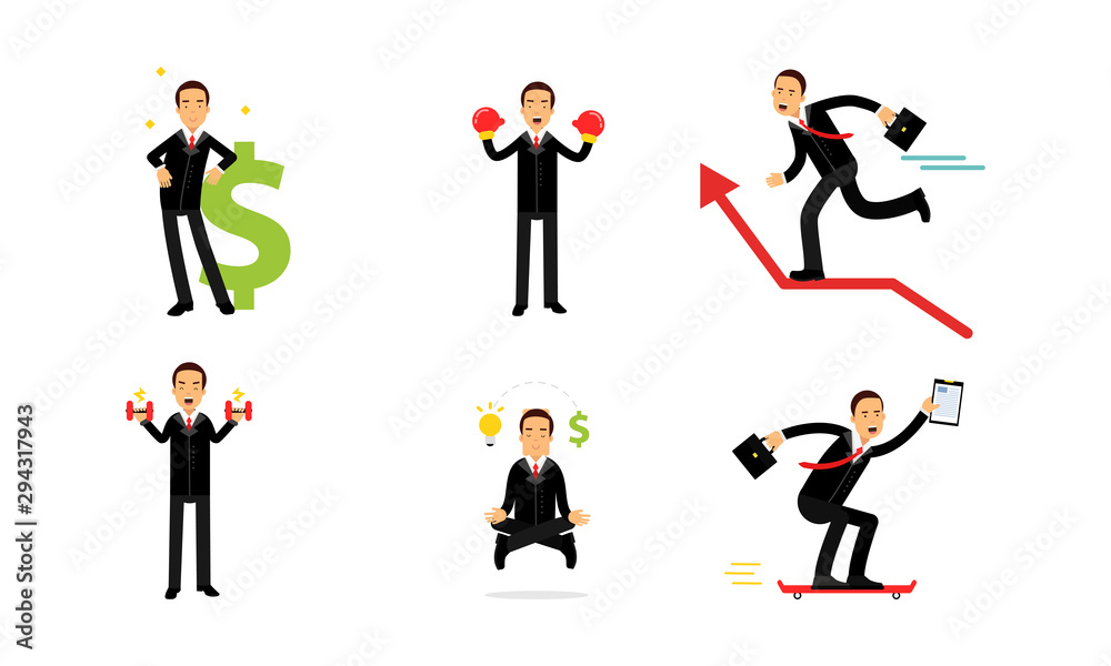 Set Of Vector Illustrations With Concept Of Real Businessmen Usual Routine